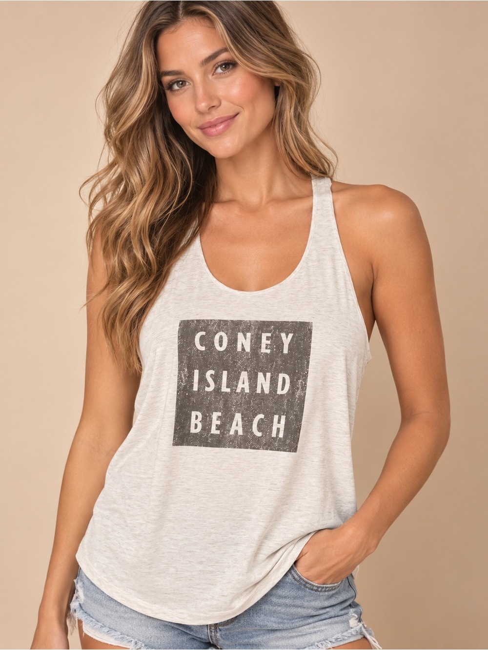American Apparel Cream Tank Top with Charcoal Coney Island Graphic